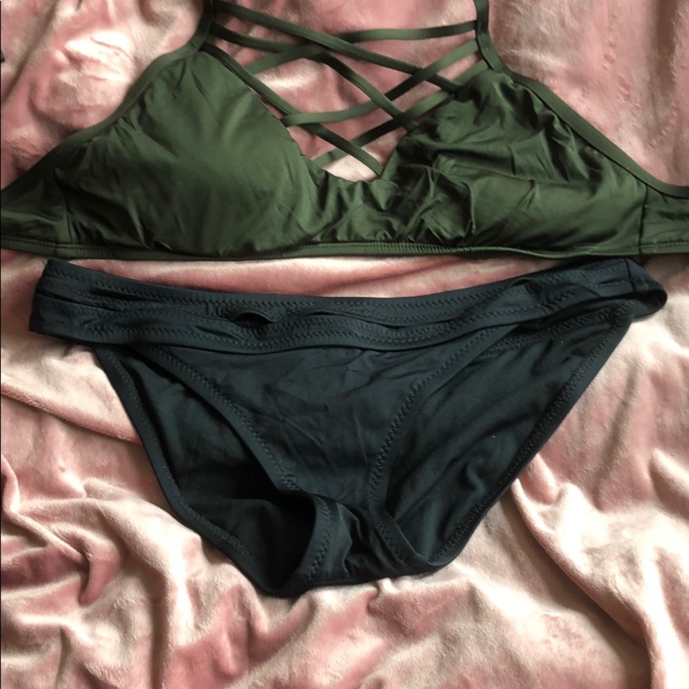 Army green top and black bottoms bikini